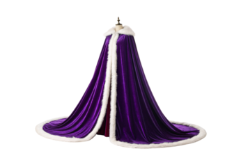 Purple velvet royal cape with white fur trim displayed on mannequin, isolated on a transparent background