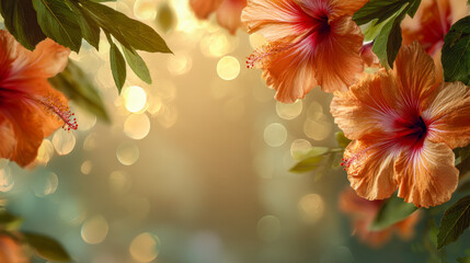 Soft glowing golden light shining through vibrant orange hibiscus flowers and lush green leaves with blurred bokeh background creating a warm tropical atmosphere