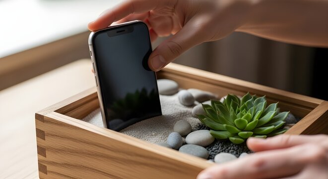  Digital detox and mindfulness concept: a person's hands placing a smartphone into a wooden box with sand, pebbles, and a succulent plant.