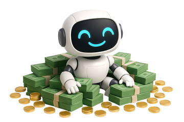 Fototapeta premium Cheerful robot sitting on a large pile of cash and gold coins with a happy expression money isolated on a transparent background
