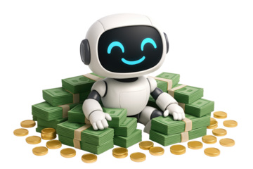 Cheerful robot sitting on a large pile of cash and gold coins with a happy expression money isolated on a transparent background