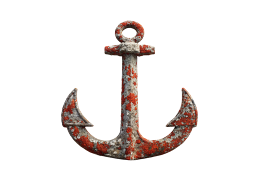 Vintage red painted anchor showing heavy wear and marine encrustation, isolated on a transparent background