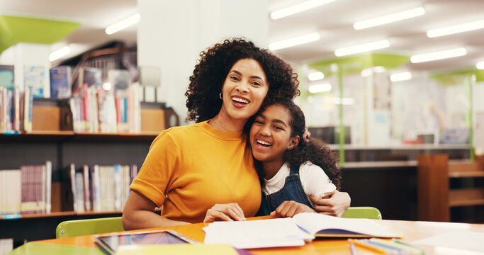 Portrait, mother or daughter in library with hug for reading support, bonding together or storytelling. People, parent or child in bookshop with embrace for literature, knowledge or skill development - Powered by Adobe