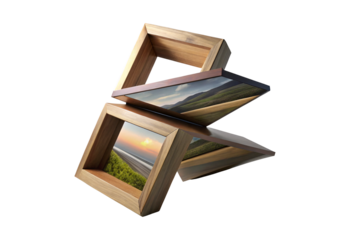 Stacked wooden picture frames with landscape photographs in various wood finishes, isolated on a transparent background