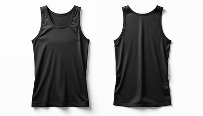 Black tank top mockup template. Design presentation of front, back sport sleeveless shirt. Apparel for gym workout casual activity. Fashionable garment for male female. Textile for print, branding