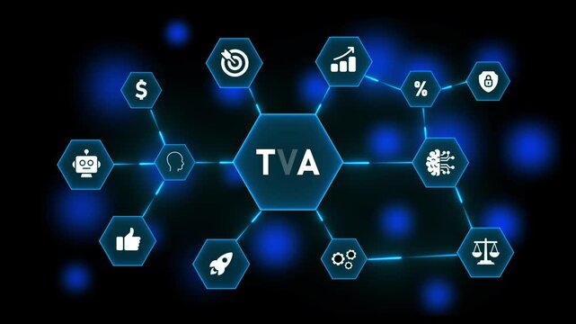 Digital network diagram with central hexagon labeled TVA and surrounding icons for business and technology