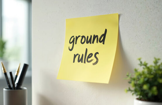 Sticky note with ground rules attached to wall. Office space with plant, pens in background. Yellow paper with handwritten text as reminder concept. Business related matters in room well organized.