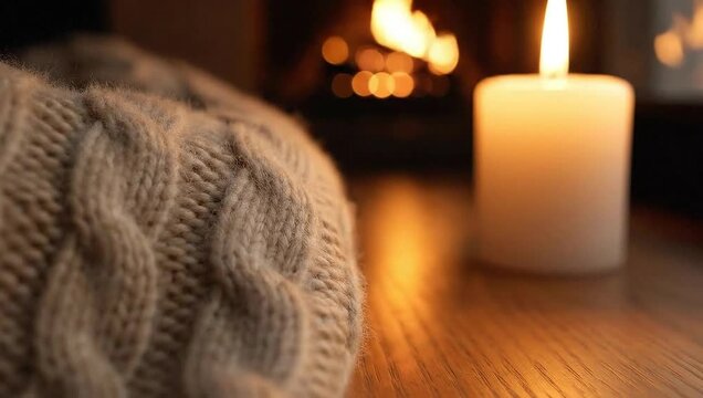 Cozy evening by the fireplace with a warm blanket and candle.