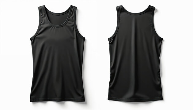 Black tank top mockup template. Design presentation of front, back sport sleeveless shirt. Apparel for gym workout casual activity. Fashionable garment for male female. Textile for print, branding