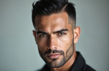 Obraz premium Handsome man portrait in studio. He has a beard short hair. The guy is looking forward. This photo can be used for business commercial purposes.