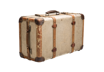 Vintage cream-colored travel suitcase with brown leather straps and metal corners, isolated on a transparent background
