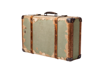 Worn green canvas vintage suitcase with tan leather straps and metal reinforcements, isolated on a transparent background