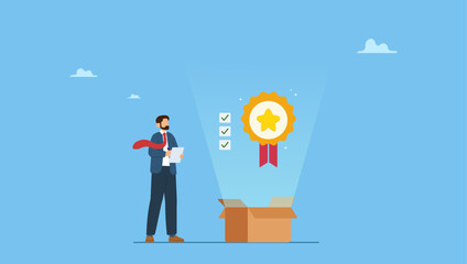 Businessman check quality with passed checklist. Quality Control, QC to check quality and giving certified or approval, process to assure excellence product and service delivery, guarantee.