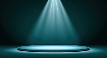 Empty circular platform illuminated by spotlights in a teal-colored .