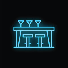 Blue neon icon of a bar table with stools and cocktail glasses on top, representing nightlife and entertainment