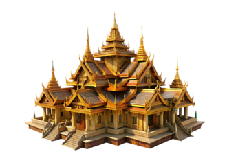 Golden Thai temple palace with intricate multi-level architecture and decorative spires, isolated on a transparent background