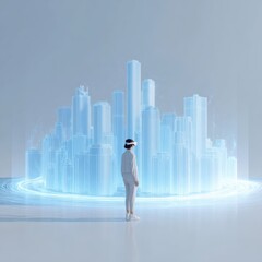 Individual wearing virtual reality headset stands in front of futuristic cityscape with glowing skyscrapers, exploring digital architecture and immersive technology in a modern environment