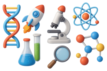 Collection of 3D Science and Space Icons with DNA Rocket Microscope and Molecules isolated on a transparent background