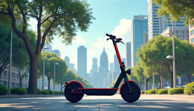Modern electric scooter on street with cityscape. Eco friendly transport in urban park environment. Green commuting micro mobility for cities, clean energy technology against blurred skyscraper