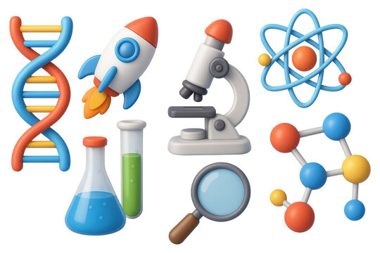 Collection of 3D Science and Space Icons with DNA Rocket Microscope and Molecules isolated on a transparent background