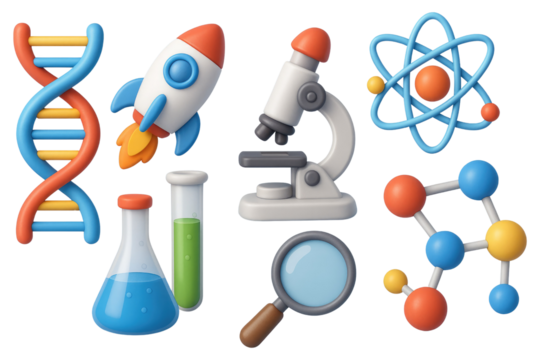 Collection of 3D Science and Space Icons with DNA Rocket Microscope and Molecules isolated on a transparent background