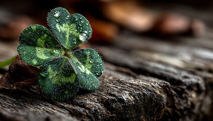 a four-leaf clover on an old wooden table, symbolizing good luck and a st. patrick's day celebration. real photo.