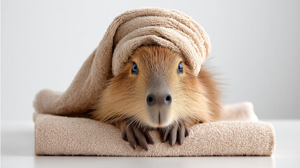 Capybara resting on a towel while wrapped in another towel  