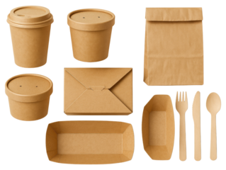 Collection of disposable kraft paper food containers, bag, and cutlery on a white background graphic isolated on a transparent background