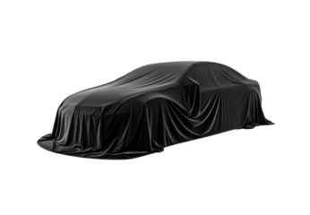 Black fabric covering car, sleek sports vehicle concealed underneath, isolated on a transparent background
