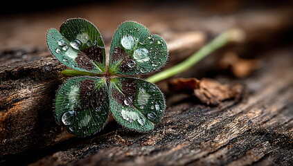 a four-leaf clover on an old wooden table, symbolizing good luck and a st. patrick's day celebration. real photo.
