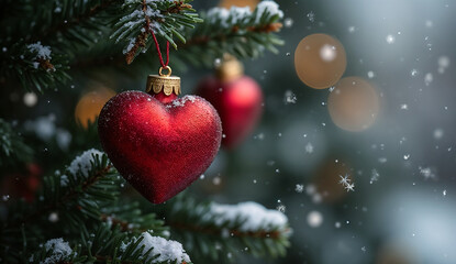 Red heart ornament on Christmas tree during a snowfall