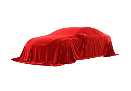 Red satin covering sports car, elegant fabric draped over vehicle, isolated on a transparent background - Powered by Adobe