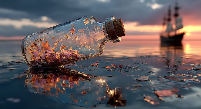 a message in a bottle floating on the water at sunset, 3d rendering - Powered by Adobe