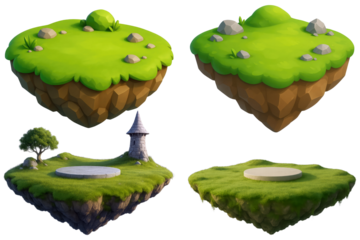 Collection of four diverse floating islands with grassy tops and rocky undersides on a white background isolated on a transparent background