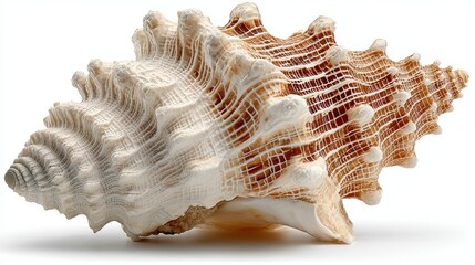 Fototapeta premium Close up of two detailed seashells with intricate patterns and varied textures isolated on a white backdrop.