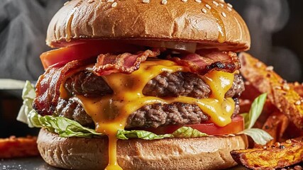 Juicy double bacon cheeseburger with melted cheddar cheese and crispy sweet potato fries, a delicious fast food meal animated 4k video