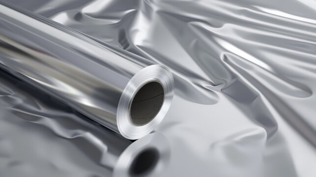 A roll of shiny aluminum foil rests on a crumpled silver surface. The metallic texture reflects light, creating a sleek appearance.