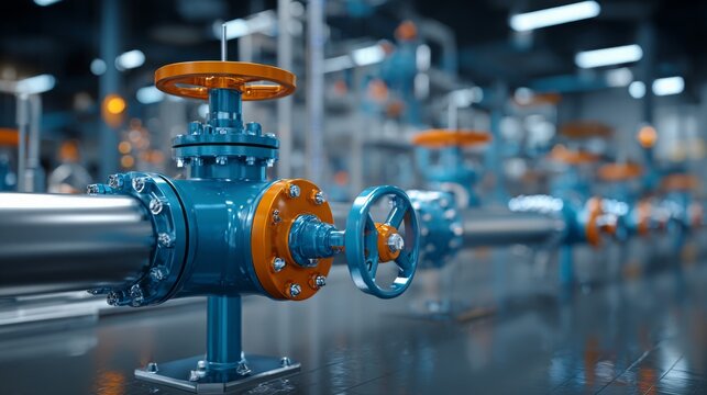 Aligned blue industrial pipes, valves shown. Plumbing system with orange flanges. Pipes conduct fluids in factory workshop. Metal pipeline transmits water for industrial process. Construction,