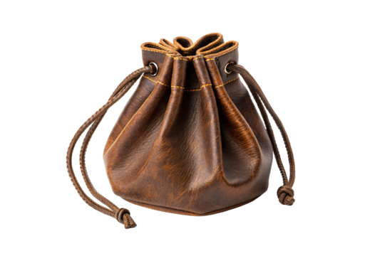 Brown leather drawstring pouch, vintage style bag with decorative stitching, isolated on a transparent background