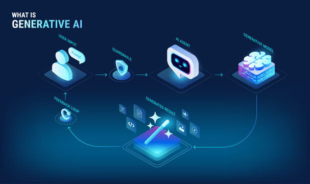 How Generative AI Works infographics - workflow diagram showing user input, guardrails checks, AI generative model, final output with feedback loop. Isometric vector for technology presentations