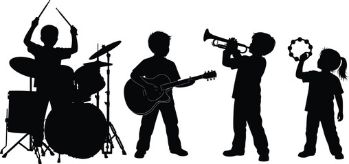 Silhouette of children playing musical instruments together, kids with drums guitar trumpet and tambourine, vector illustration showing teamwork creativity and music performance © MdMojibar