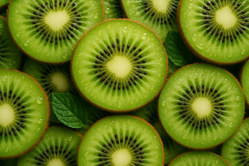 closeup macro texture background of vibrant green kiwi fruit slices showing the seeds and fibrous flesh healthy tropical fruit food