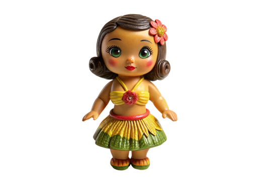 Retro-style hula girl figurine with victory rolls hairstyle and yellow skirt, isolated on a transparent background - Powered by Adobe