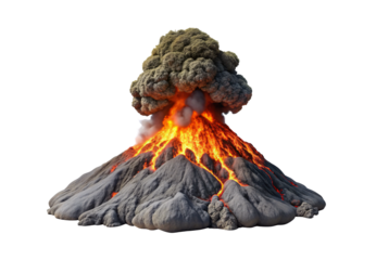 Explosive volcanic eruption with massive ash cloud and glowing molten lava, isolated on a transparent background
