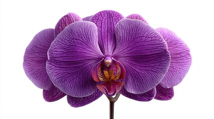 Fototapeta premium A close up studio shot of a blooming purple orchid flower showcasing detailed purple and white striped petals and a central complex structure.