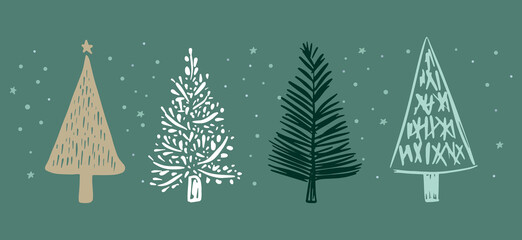 Christmas tree set on blue, hand drawn illustration	
