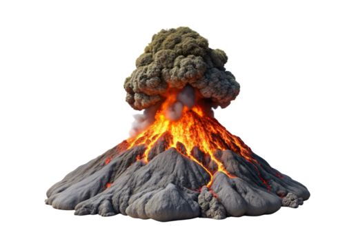 Explosive volcanic eruption with massive ash cloud and glowing molten lava, isolated on a transparent background