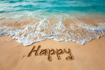 Word happy written in sand on beach with gentle ocean waves approaching the shore under bright sunlight on a clear day for relaxing summer vibes and positive mood co