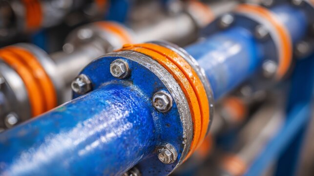 Aligned blue industrial pipes, valves shown. Plumbing system with orange flanges. Pipes conduct fluids in factory workshop. Metal pipeline transmits water for industrial process. Construction,
