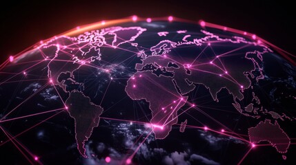 Exploring the Future of Connectivity with a Glimpse at a Futuristic Globe Network of Lines and Dots Across Continents